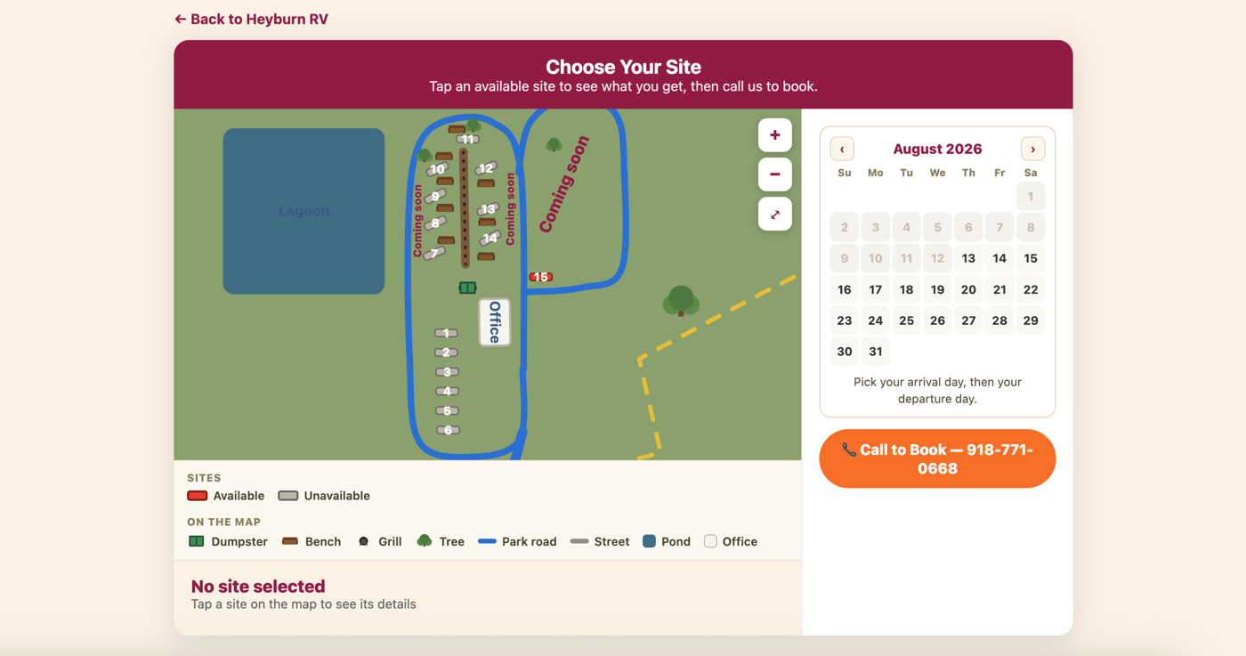 The Heyburn RV interactive site map — guests tap an available site, pick arrival and departure dates, and book